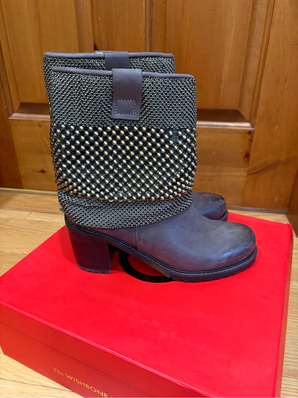 Women’s Brown Studded Mid-Calf Block Heel Boots